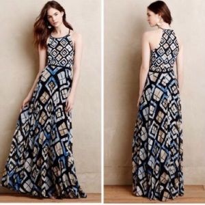 Anthropologie Sachin and Babi Marisol Blue Watercolor Print Pleated Maxi Dress